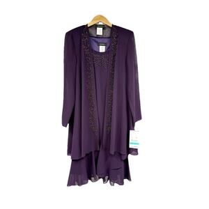R&M Richard’s Purple Chiffon Ruffle Beaded Modest Dress Cardigan Set Womens 10
